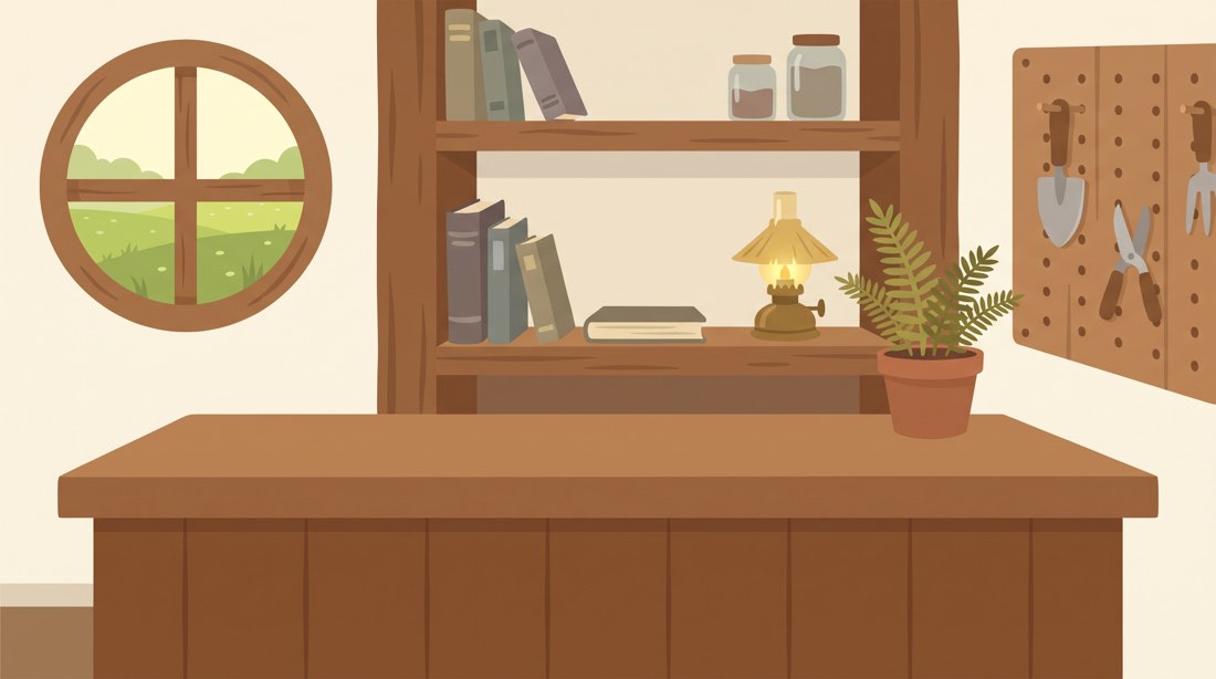 The front desk of the main office: a wooden counter with a lamp, and the meadow through a round window