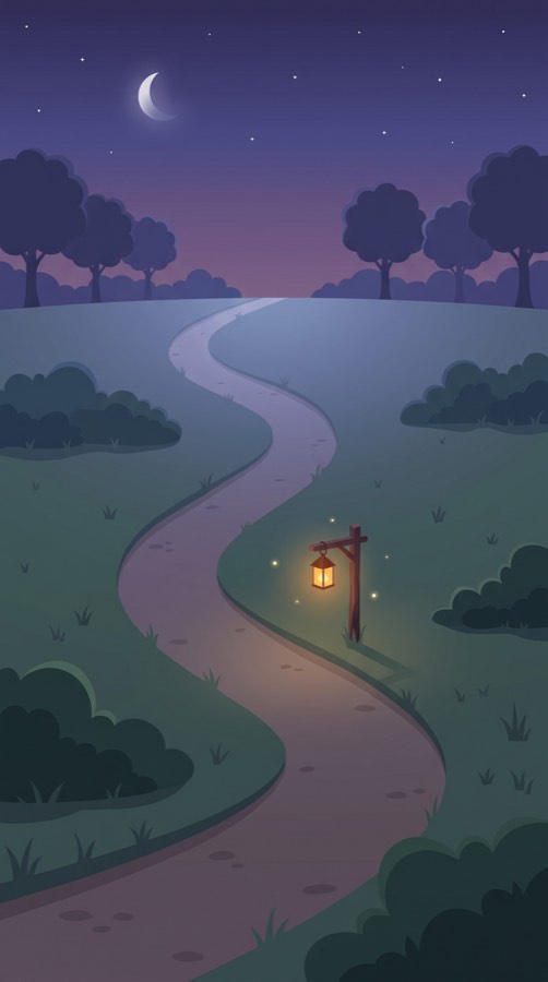 The meadow at dusk, lanterns lit along the path